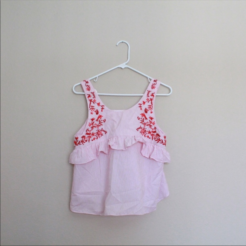 Zara Pink Striped Embroidered Ruffle Tank Top